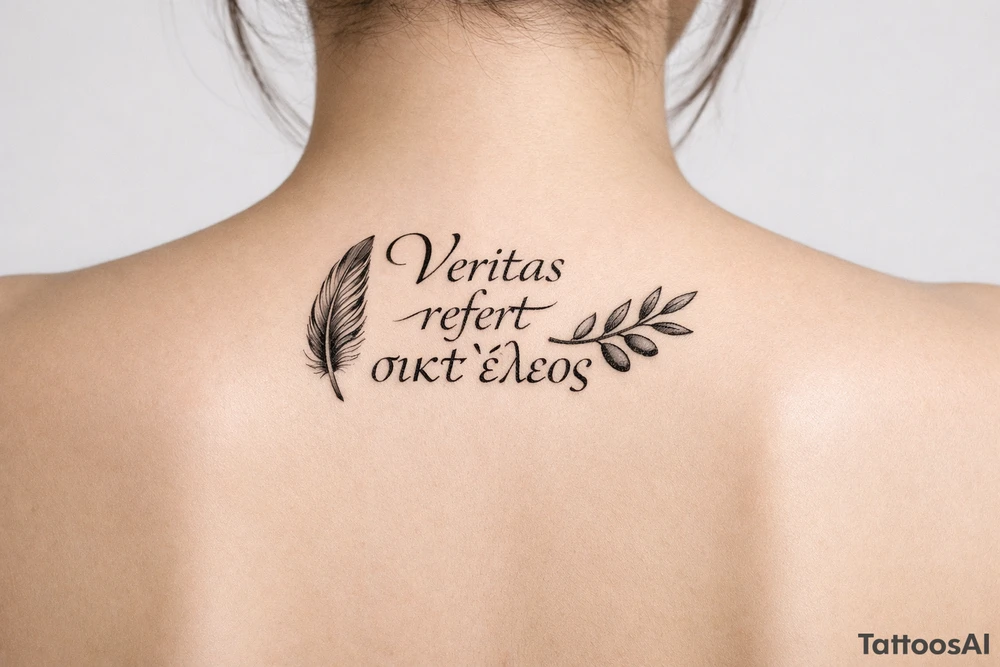 Veritas refert sicut ἔλεος on mid back slightly to the right with the words stacked not perfectly aligned with a delicate but clear quill at the beginning and an olive branch at the end and there should be Elegant curvature as a vibe do not connect anything Think ballet chic black Swan tattoo idea