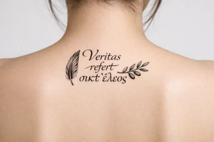 Veritas refert sicut ἔλεος on mid back slightly to the  right with the words stacked not perfectly aligned with a delicate but clear quill at the beginning and an olive branch at the end and there should be Elegant curvature as a vibe do not connect anything Think ballet chic black Swan tattoo idea
