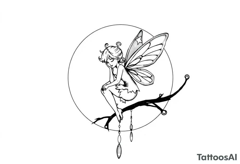 All black tattoo of a Fairy sitting on moon with dangles. tattoo idea