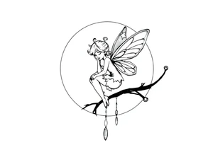 All black tattoo of a Fairy sitting on moon with dangles. tattoo idea