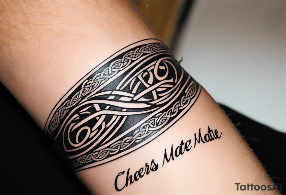 Cheers Mate text, armband +Celtic +Cancer Ribbon +tribal +artistic tattoo idea