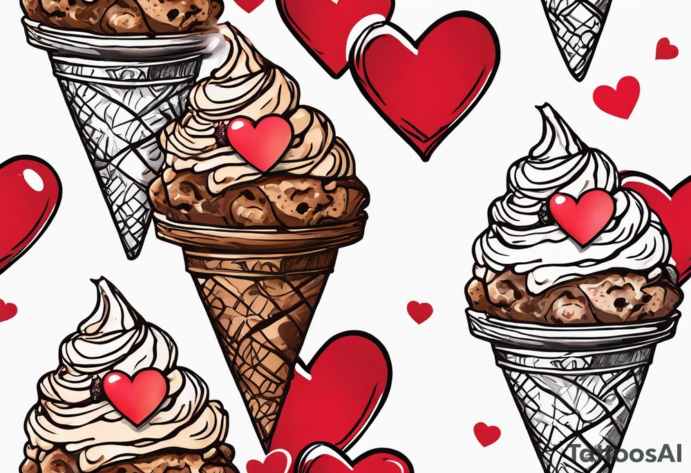 sketch chocolate chip ice cream cone with one red heart tattoo idea