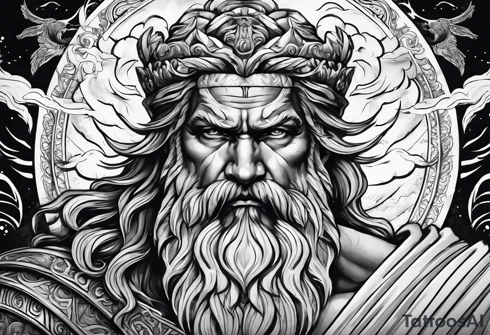 Zeus in surrounded by a storm tattoo idea