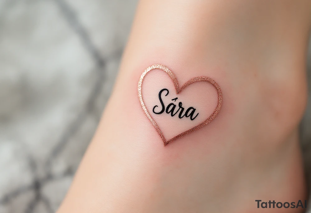 A heart shaded in rose gold with Sára in a handwritten-style font inside. tattoo idea