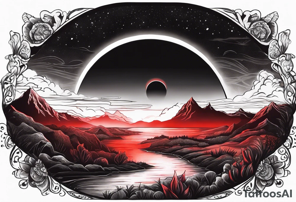 black solar eclipse with red light shining behind it, dark fantasy landscape tattoo idea