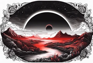black solar eclipse with red light shining behind it, dark fantasy landscape tattoo idea