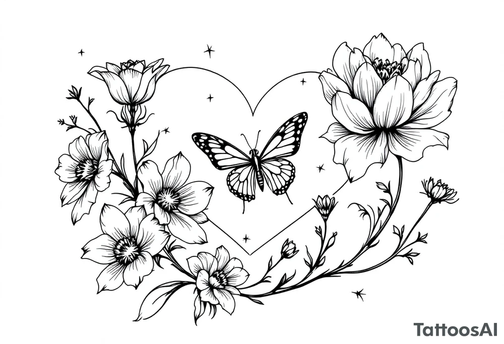 Flowers, heart and buttherfly with name Zackary and Charlie tattoo idea
