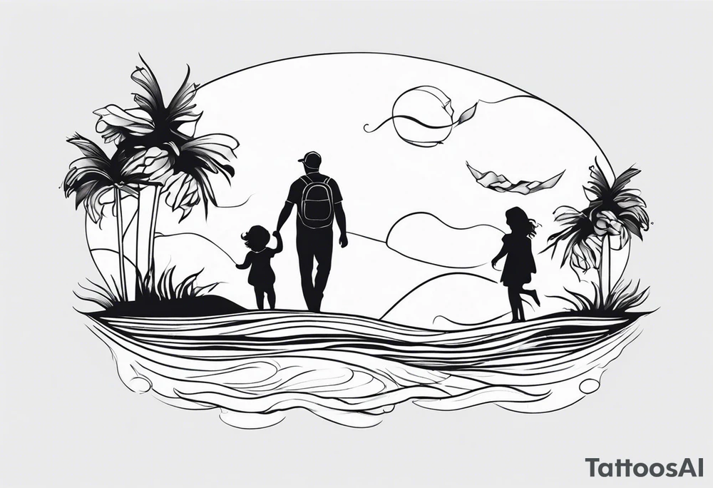 Black and white, single needle, minimal Line work tattoo with a dad and his two toddler daughters in the ocean. tattoo idea