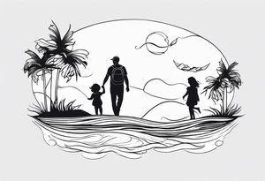 Black and white, single needle, minimal Line work tattoo with a dad and his two toddler daughters in the ocean. tattoo idea