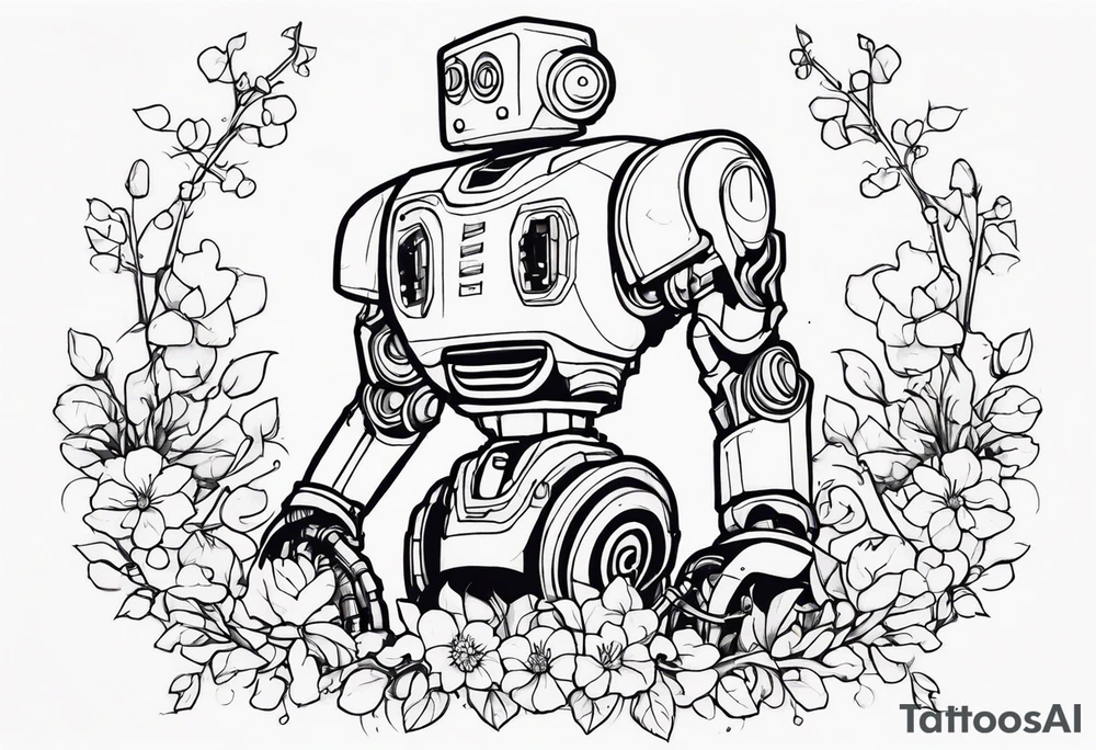 Abandoned Robot covered in flowery vines, forearm tattoo tattoo idea