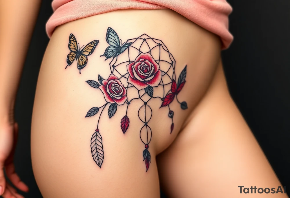 Dreamcatcher roses and butterflies tattoo idea