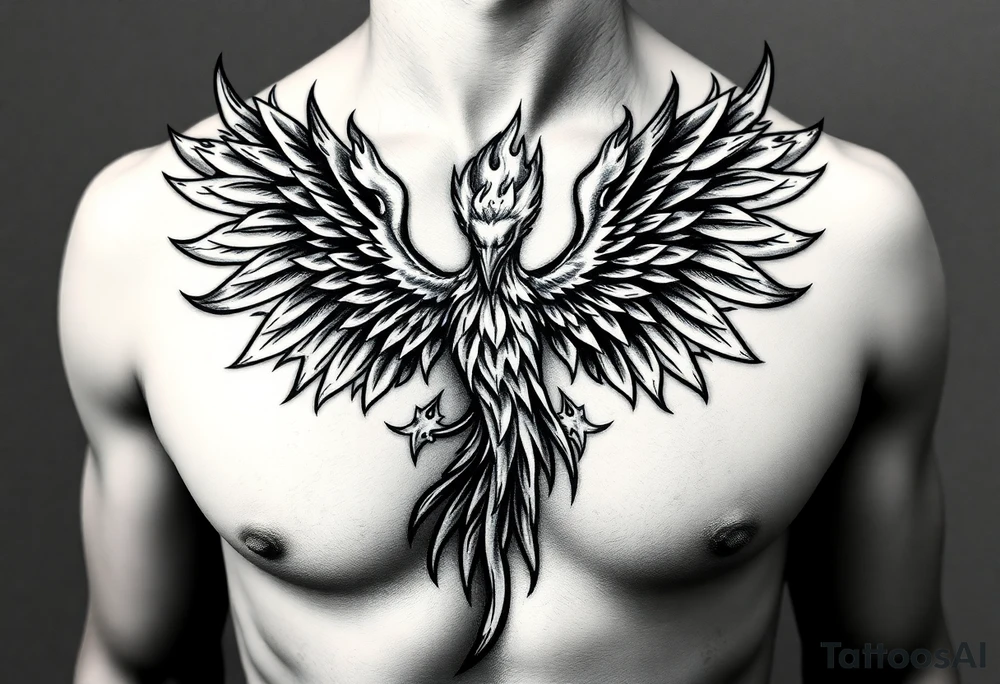Realistic and symmetrical flaming Phoenix rebirth with spread low wings surrounded by fire mapped onto chest
Phoenix head must be in the middle of the chest, straight and symmetrical 
Fire should be surrounding spread wings
Wings should be spread low only on chest muscle tattoo idea