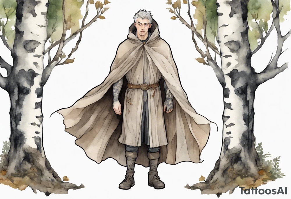 a solitary medieval Tan France wearing a grey cloak standing in a birch forest tattoo idea