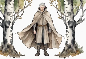 a solitary medieval Tan France wearing a grey cloak standing in a birch forest tattoo idea
