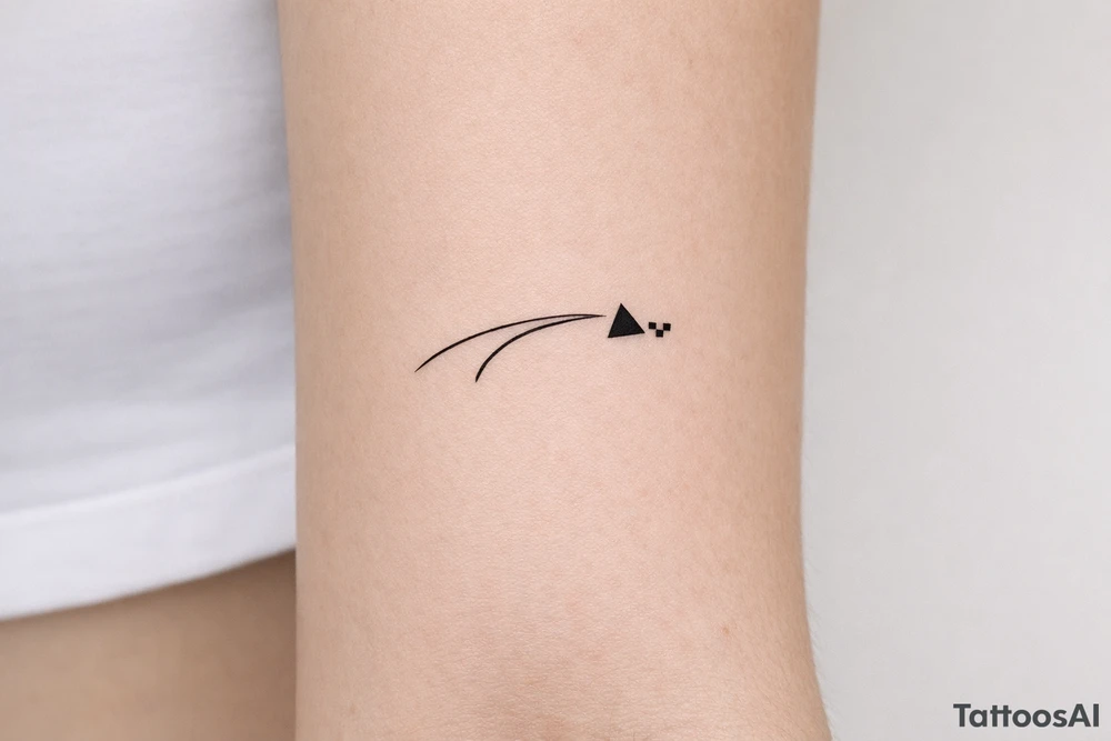 Minimalist tattoo representing a racing line approaching a racetrack apex, a simple curved line with a small geometric apex marker, inspired by motorsport driving technique tattoo idea