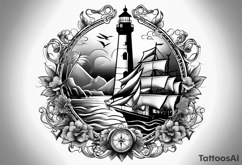 full sleeve tattoo with compass, lighthouse, map of bermuda, longtail bird, crown and anchor dice, lightning in background tattoo idea