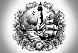 full sleeve tattoo with compass, lighthouse, map of bermuda, longtail bird, crown and anchor dice, lightning in background tattoo idea