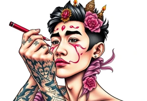 Handsome Asian young guy is putting ritual make up on tattoo idea