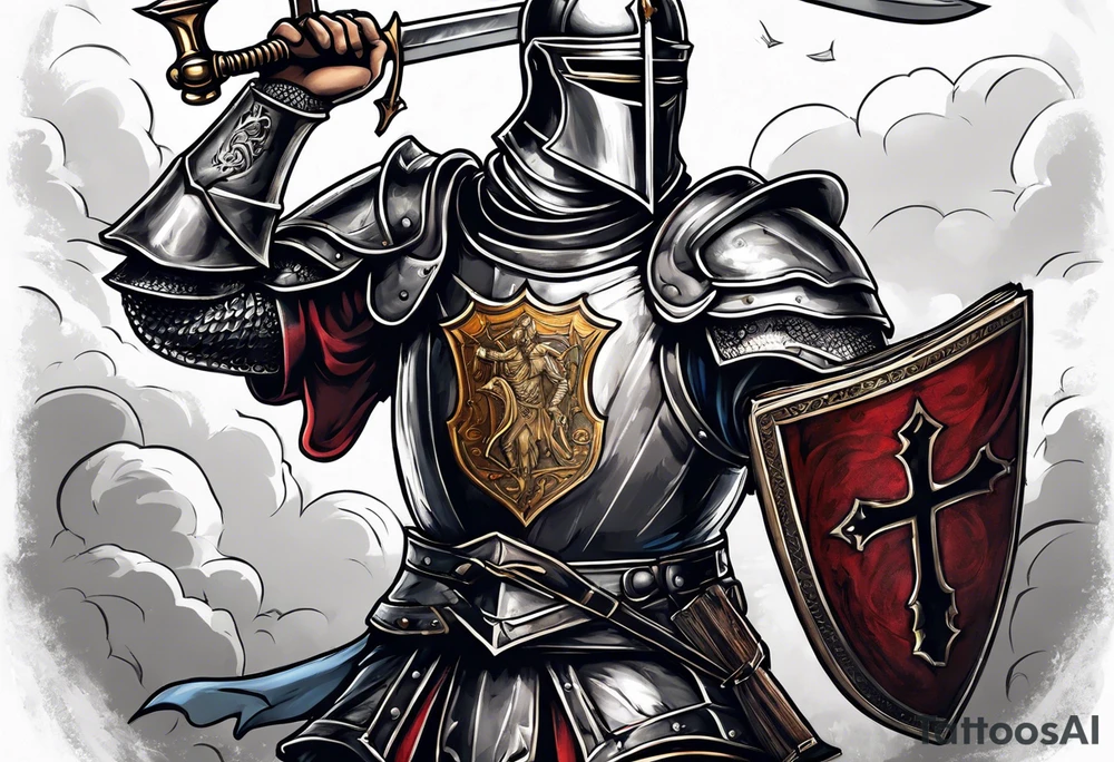 knight holding a bible over his head in combat with both hands tattoo idea