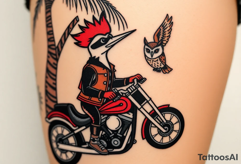 Woody the woodpecker wearing a leather vest that says peckerwoods, on a Harley Davidson under a palm tree, gazing in love at a barn owl tattoo idea