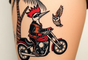 Woody the woodpecker wearing a leather vest that says peckerwoods, on a Harley Davidson under a palm tree, gazing in love at a barn owl tattoo idea