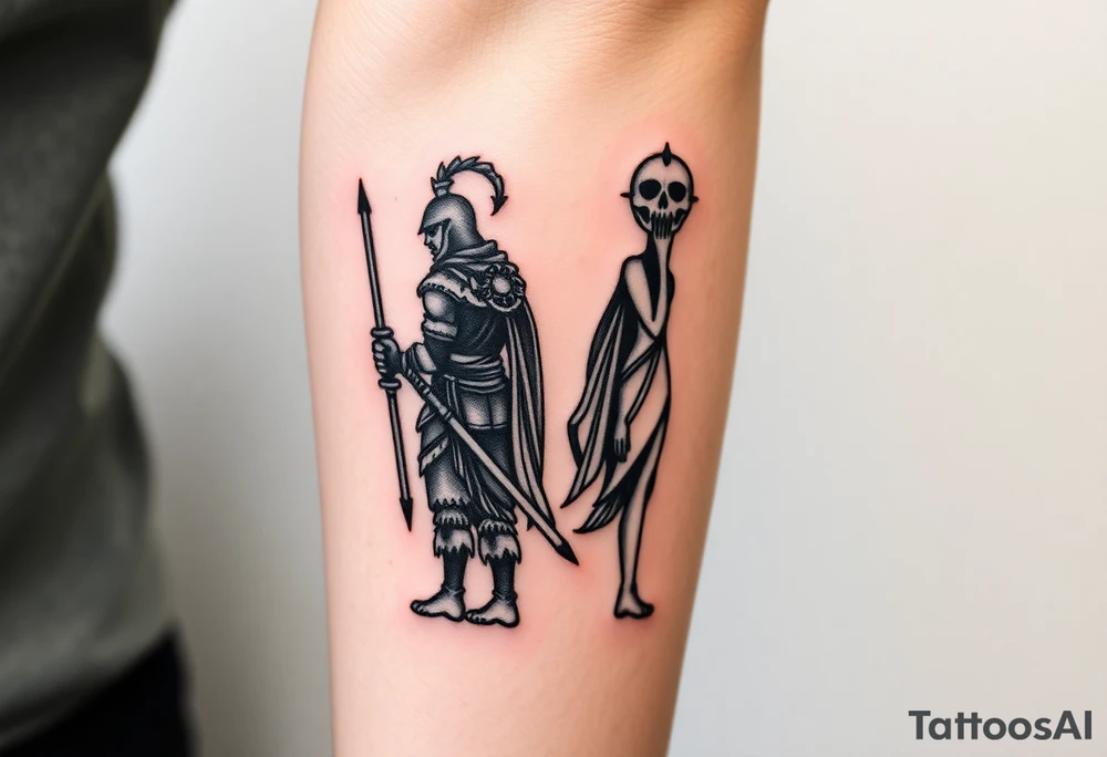 Warrior and Peace standing back to back tattoo idea
