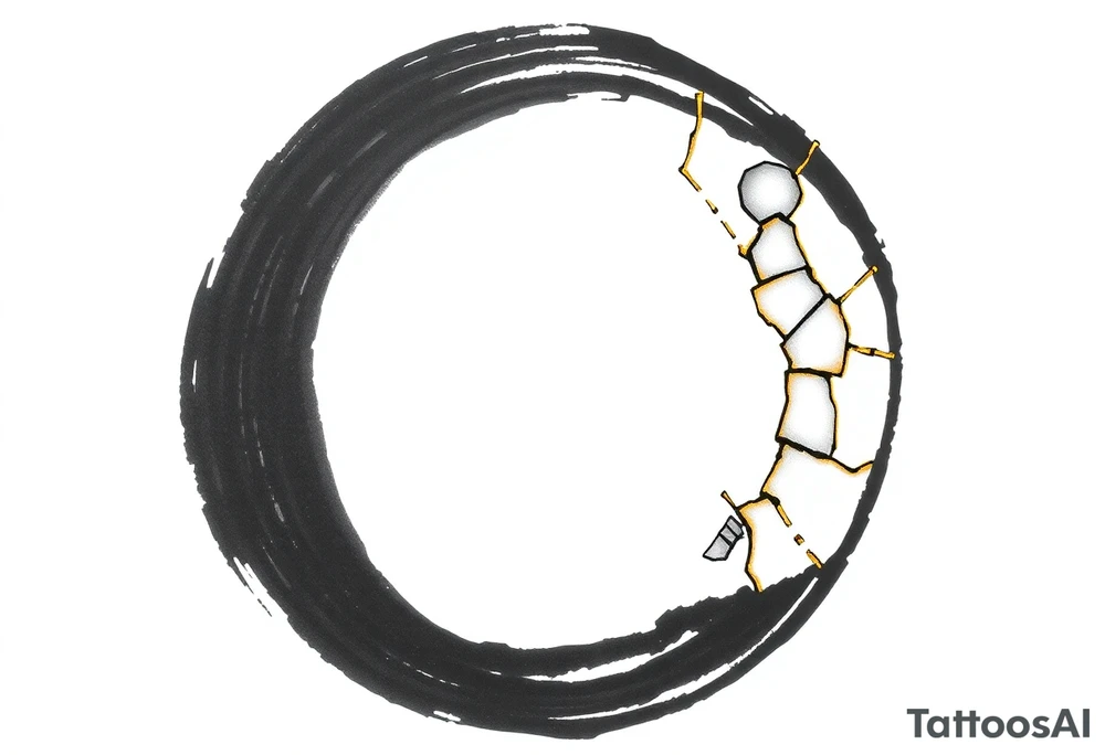 A Japanese‑inspired tattoo of a thick Zen ensō circle, drawn with a bold, hand‑painted black ink brushstroke. The circle is imperfect and organic, with visible texture and subtle variation in line thickness. About the last quarter of the circle, near the top‑right, transforms into a cracked ceramic segment that has been repaired using kintsugi: visible broken pieces outlined and joined by thin, flowing gold lines. There should be a couple big pieces rather than lots of small ones. The circle and the ceramic part should have the same thickness. The gold seams follow the natural fractures of the ceramic section, creating several branching cracks rather than a single line, clearly distinguishing this repaired portion from the rest of the smooth ink circle. The transition from ink to ceramic should feel natural, as if the painted circle solidifies into a fragile object that has been lovingly mended. Keep the interior of the circle empty, with a clean white background and no extra symbols or text. Design it as a black and gray tattoo with a subtle metallic gold effect on the kintsugi seams, suitable for a medium‑sized placement on the back of the bicep. tattoo idea
