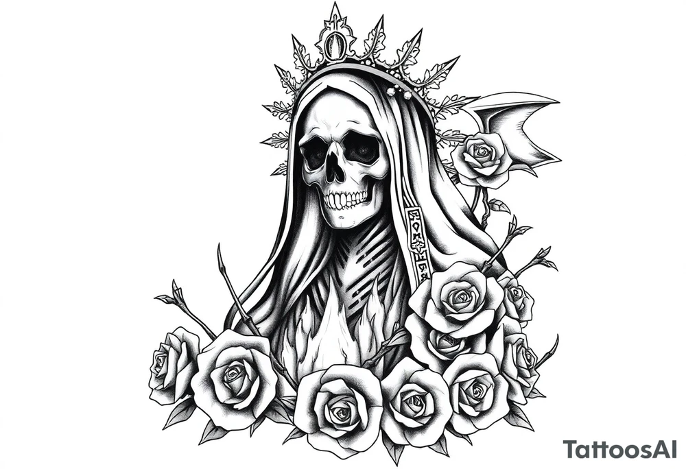 Powerful and evil Santa muerte rising from the ashes of hell, surrounded by unclaimed souls and roses tattoo idea