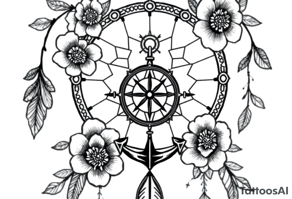 Boho dream catcher with compass and anchor Beautiful flowers and an ornamental chandelier like look tattoo idea