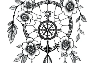 Boho dream catcher with compass and anchor Beautiful flowers and an ornamental chandelier like look tattoo idea