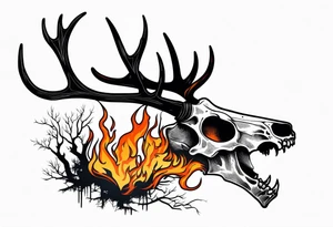 side profile of a DECAYING deer skull JUST BONE lore accurate wendigo surrounded by a flames and trees tattoo idea