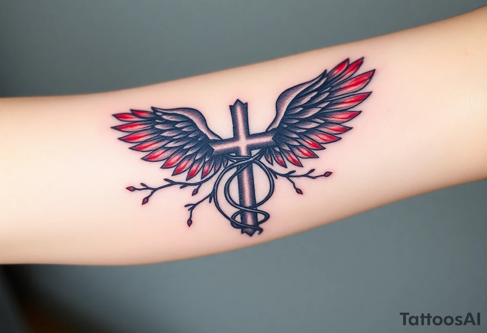 A cross wrapped in thorny vines, with dark angel wings in deep gray and blood-red accents tattoo idea