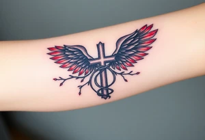 A cross wrapped in thorny vines, with dark angel wings in deep gray and blood-red accents tattoo idea