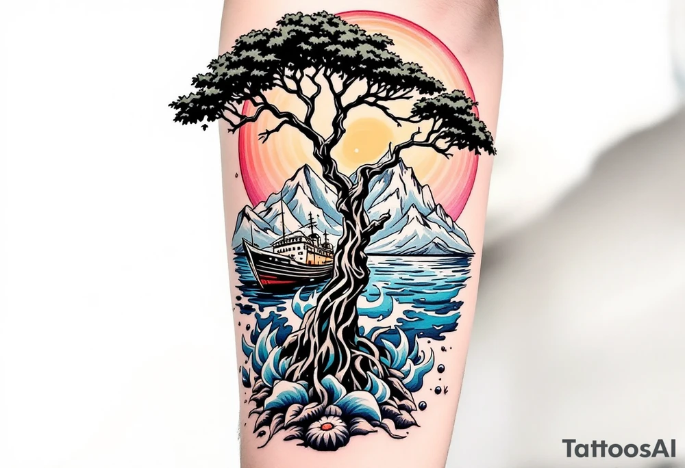 tattoo that has an acacia tree with mountains, ocean with a ship wreck tattoo idea