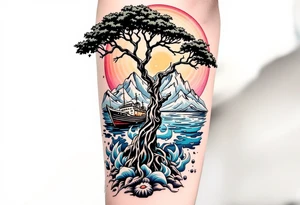 tattoo that has an acacia tree with mountains, ocean with a ship wreck tattoo idea