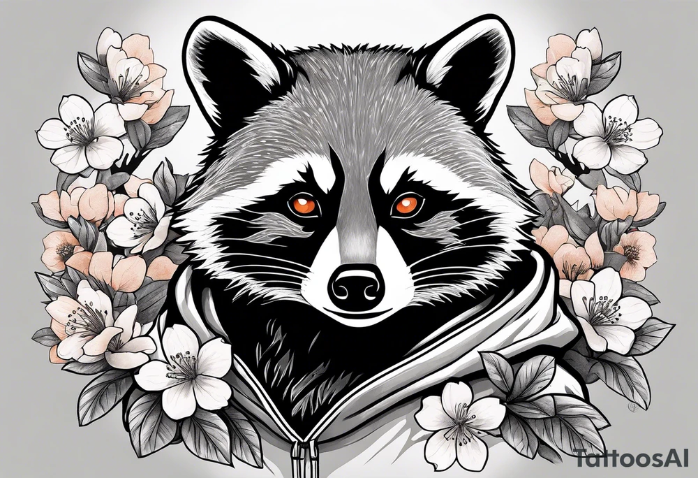 raccoon wearing a black and white Superman hoodie and orange Japanese cherry blossoms tattoo idea
