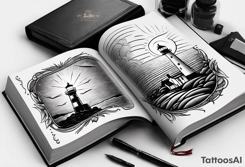 lighthouse shining light onto open book to wrap around forearm tattoo idea