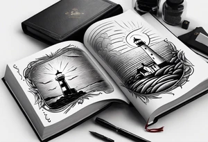 lighthouse shining light onto open book to wrap around forearm tattoo idea