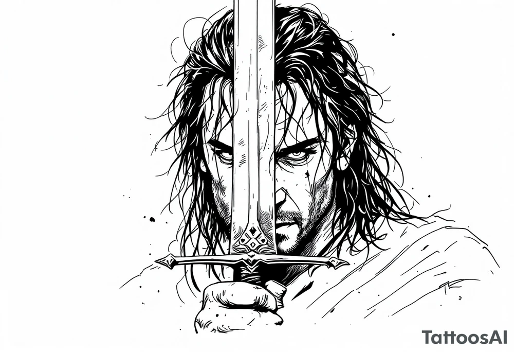 aragorn holding a sword against his face tattoo idea