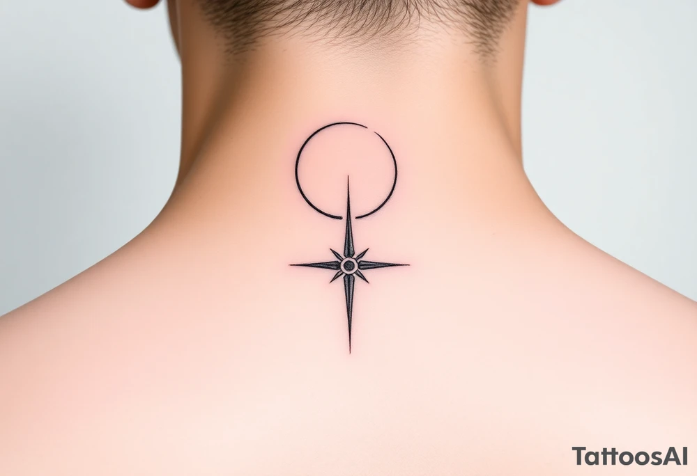 A minimalist crescent moon neck tattoo positioned just behind the ear. The crescent moon is thin and curves to the left. A sharp vertical line extends downward from the inner curve of the moon, intersecting with a symmetrical starburst shape at the center of the line. The starburst has four points — the top and bottom points are elongated, while the horizontal points are shorter, giving it a sleek and modern look. The design features clean, thin lines with a slightly hand-drawn feel, combining celestial and geometric elements. The tattoo follows the natural curve of the neck, giving it an elegant and balanced appearance. tattoo idea