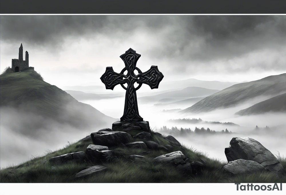 A stone Celtic cross solemnly standing atop a hill, a raven perches atop the cross staring out over the desolation. A ruined stone wall lies crumbling near the cross. Mist rolls along the hilltops adding to the melancholic nature of the scene. tattoo idea