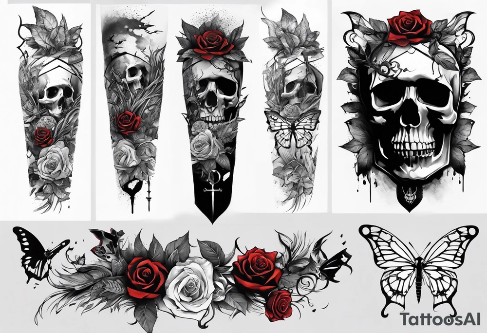 A sleeve tattoo whose elements seem to be connected into one story. Elements on the tattoo: a skull with a rose sticking out of the eye, plants, a girl’s face turning into roots, a destroyed old chain, a broken sword, a butterfly and you can add some connecting elements tattoo idea