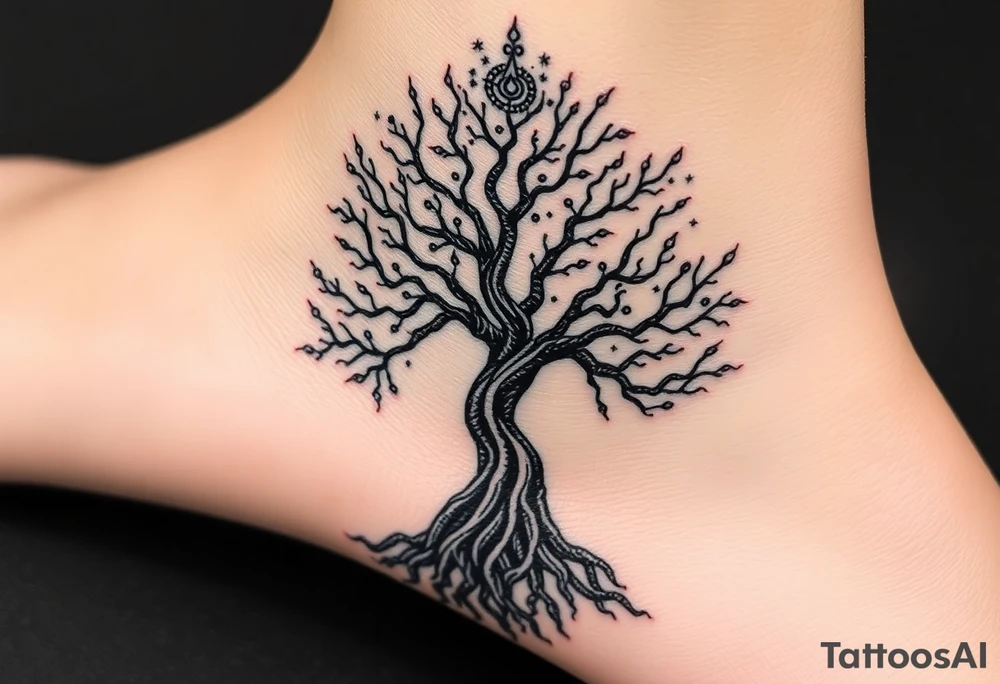 mystical tree of life with cosmic roots and celestial branches tattoo idea