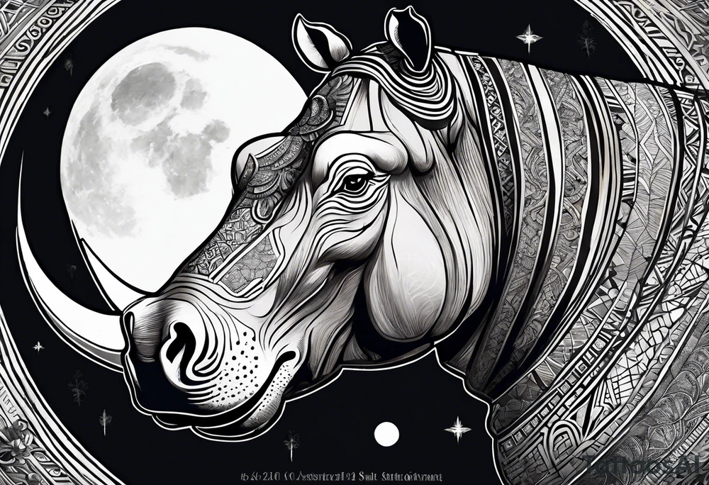 Asymmetrical, geometric, chinese ink art touch, hippo , full moon, tribal, orientation portrait tattoo idea