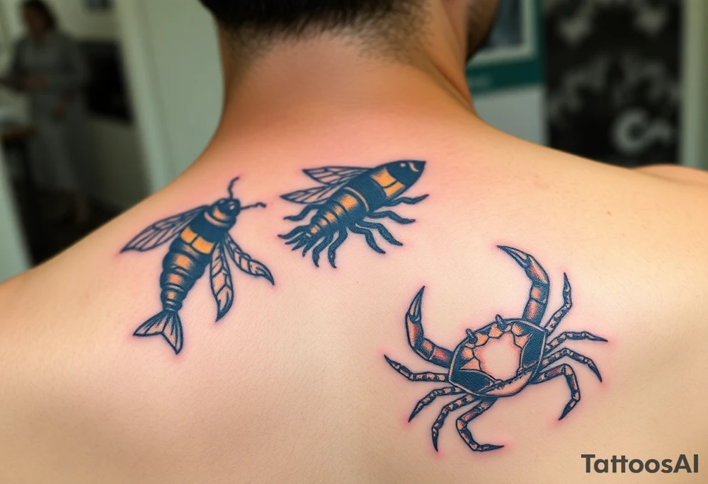 Honey comb bees, fish, crab tattoo idea