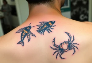 Honey comb bees, fish, crab tattoo idea