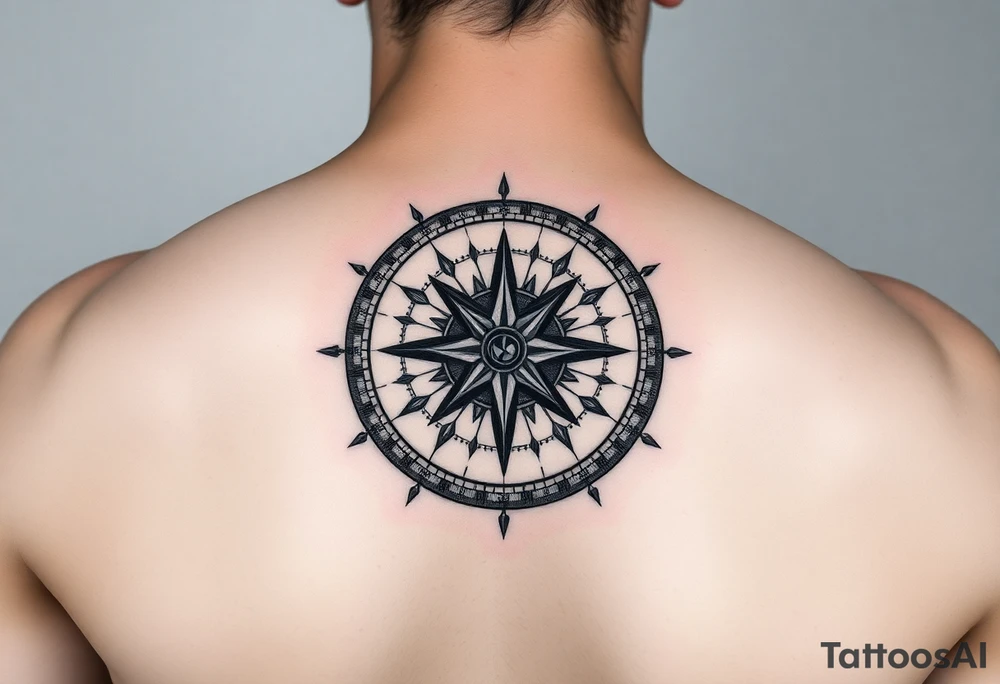 Geometric compass merged with mechanical engine design, compass rose showing different emotional/mental states instead of directions, needle that points to current state, engine runs on discipline/sacrifice but compass ensures correct navigation, pressure chambers only activate when compass shows balanced position, represents using pain as fuel ONLY when properly oriented, geometric patterns show harmony when aligned, disrupted patterns when off-balance, black and grey with subtle brass/gold for compass elements, symbolizes the wisdom to pause and recalibrate before taking action, upper arm placement tattoo idea