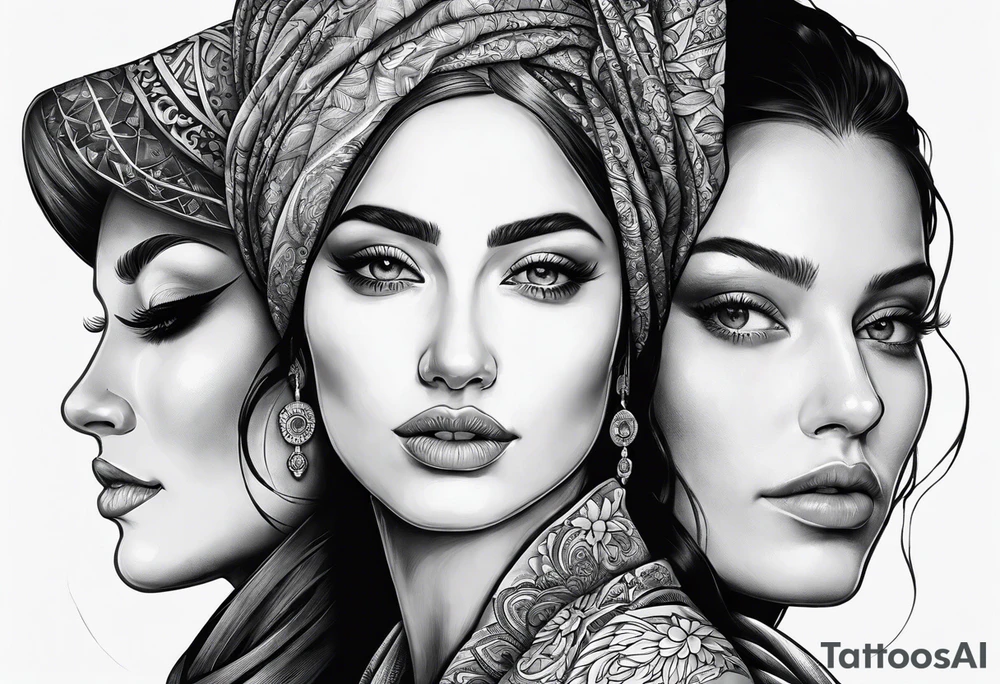 Three women's faces next to each other. The woman on the left a young woman18yo, the middle  is a mother40 yo the right is a grandmother 70yo tattoo idea