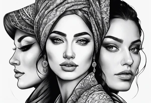 Three women's faces next to each other. The woman on the left a young woman18yo, the middle  is a mother40 yo the right is a grandmother 70yo tattoo idea