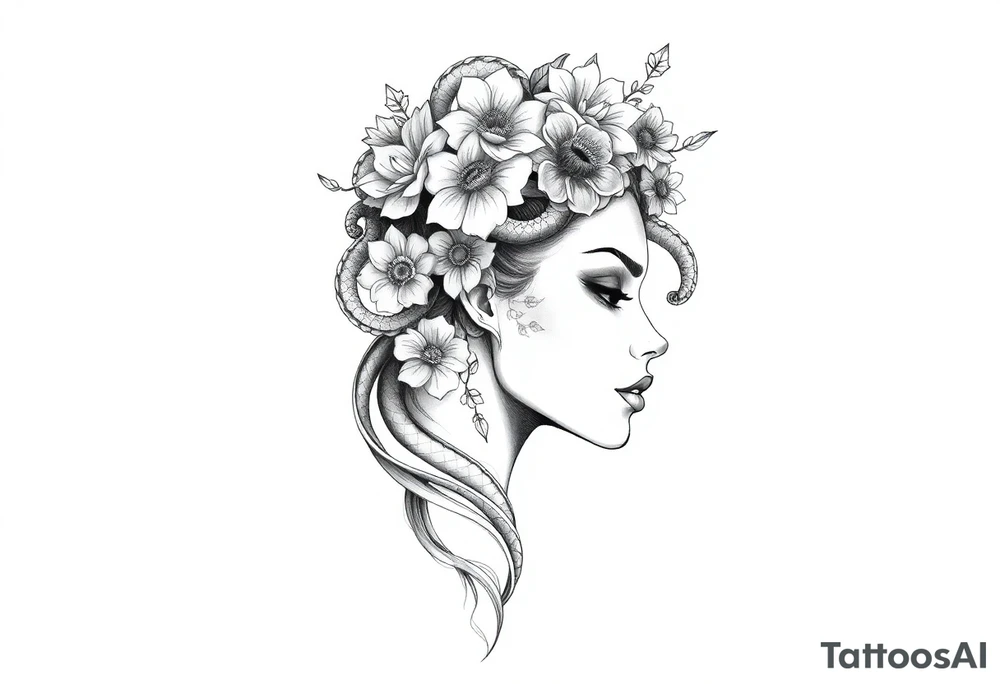 Powerful side profile woman’s face with flowers
And snakes heads and mandala tattoo idea